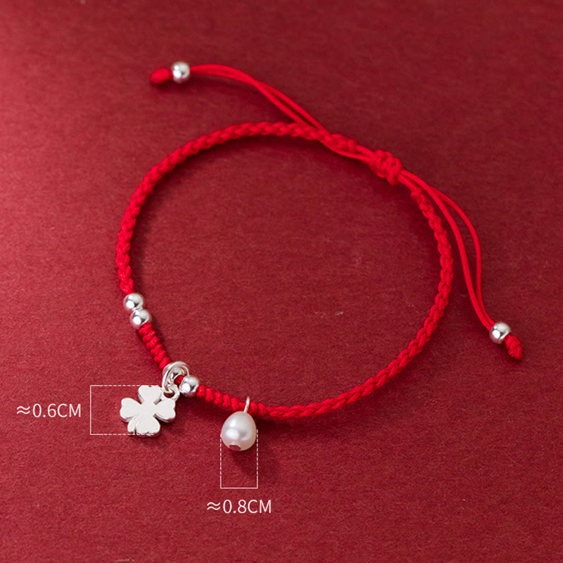 Buddha Stones Retro 925 Sterling Silver Four Leaf Clover Pearl Luck Red String Bracelet - image 9