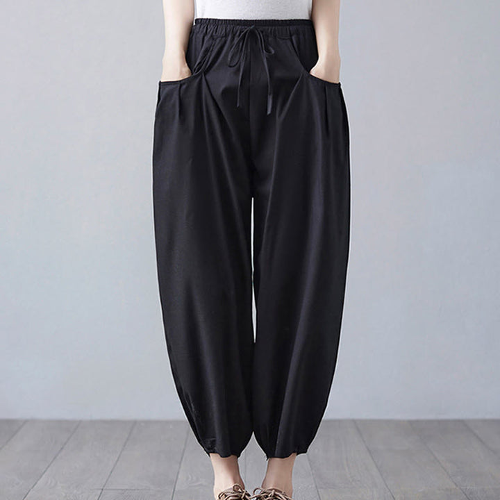 Buddha Stones Summer Plain Cropped Pants Women's Cotton Linen Harem Pants With Pockets - Black - US12,UK/AU16,EU44 (3XL) - image 14