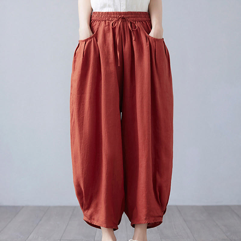 Buddha Stones Summer Plain Cropped Pants Women's Cotton Linen Harem Pants With Pockets - IndianRed - US12,UK/AU16,EU44 (3XL) - image 41