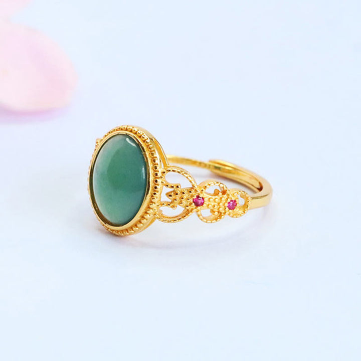 Buddha Stones Natural 925 Sterling Silver Plated Gold Hollow Design Jade Luck Ring - image 2