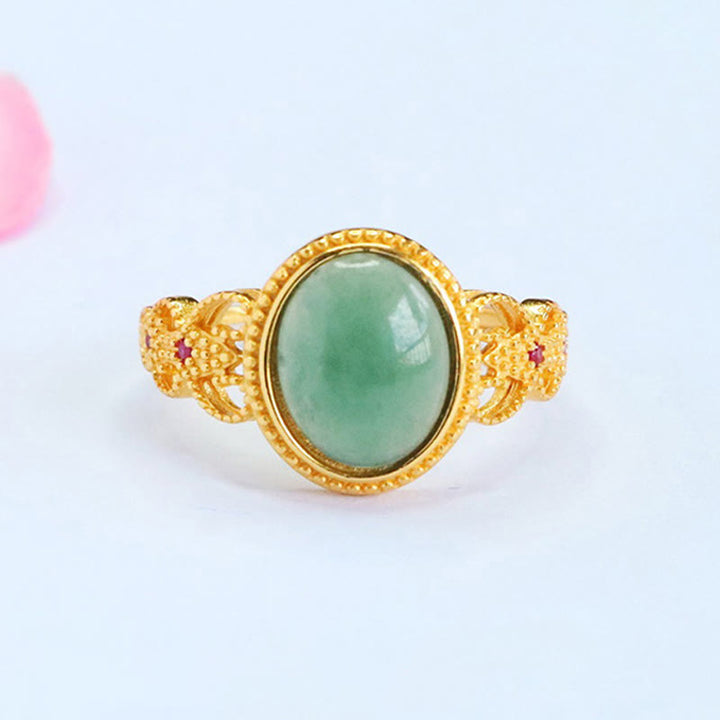 Buddha Stones Natural 925 Sterling Silver Plated Gold Hollow Design Jade Luck Ring - Jade - image 1