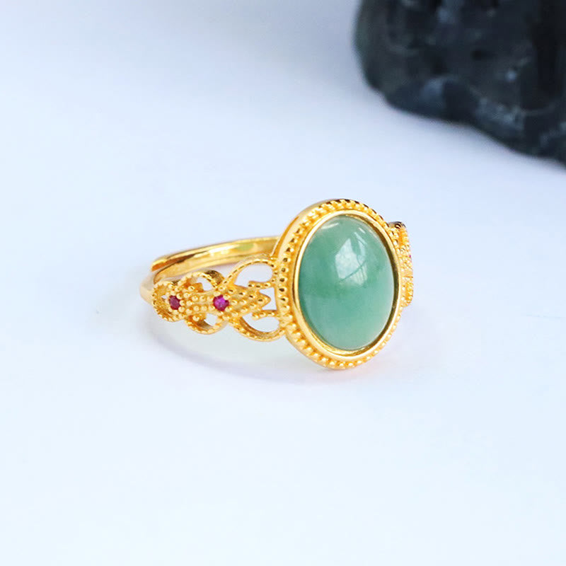 Buddha Stones Natural 925 Sterling Silver Plated Gold Hollow Design Jade Luck Ring - image 8
