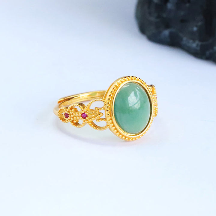 Buddha Stones Natural 925 Sterling Silver Plated Gold Hollow Design Jade Luck Ring - image 8