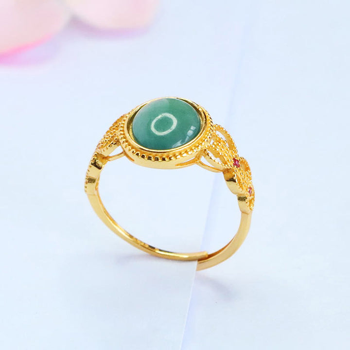 Buddha Stones Natural 925 Sterling Silver Plated Gold Hollow Design Jade Luck Ring - image 3
