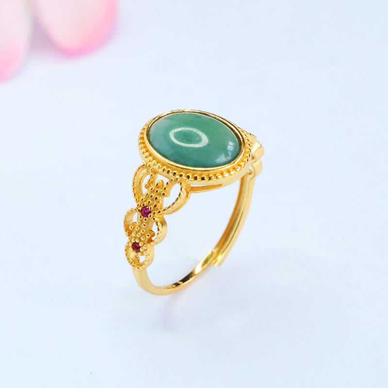Buddha Stones Natural 925 Sterling Silver Plated Gold Hollow Design Jade Luck Ring - image 5