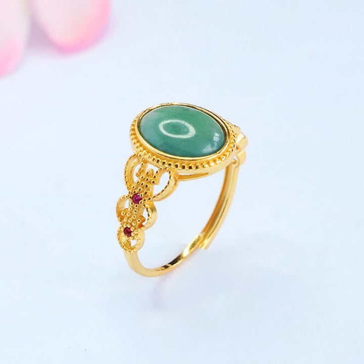 Buddha Stones Natural 925 Sterling Silver Plated Gold Hollow Design Jade Luck Ring - image 5