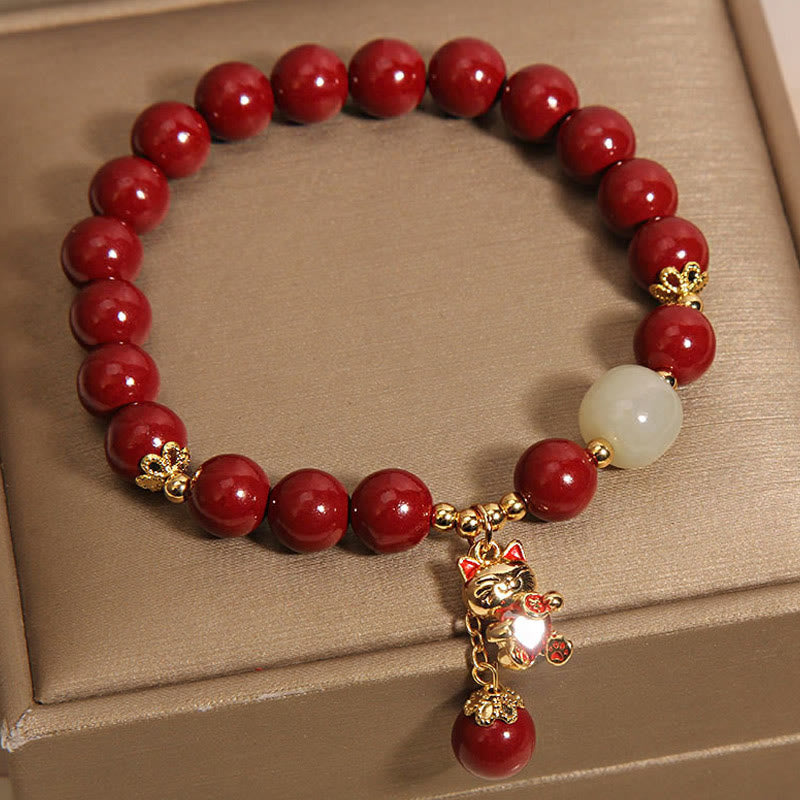 Buddha Stones Natural Lucky Cat Pendant Cinnabar Blessing Bracelet - image 5