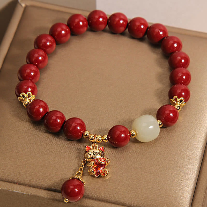 Buddha Stones Natural Lucky Cat Pendant Cinnabar Blessing Bracelet - image 9