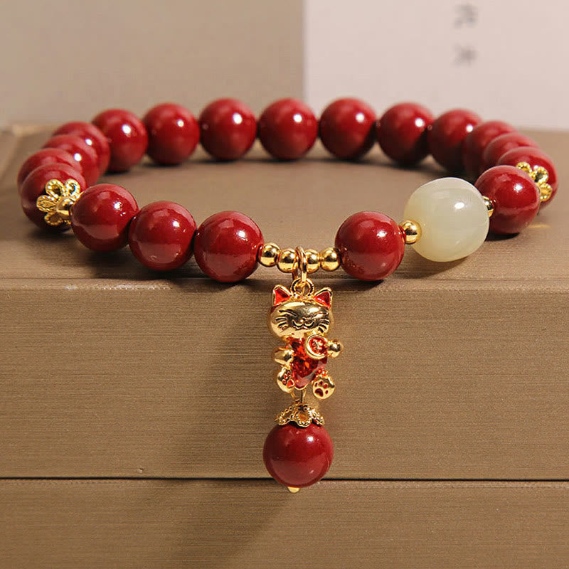 Buddha Stones Natural Lucky Cat Pendant Cinnabar Blessing Bracelet - Cinnabar(Wrist Circumference: 16-18cm) - image 1
