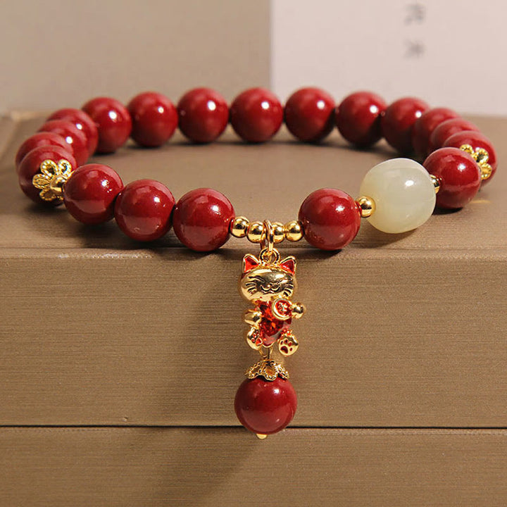 Buddha Stones Natural Lucky Cat Pendant Cinnabar Blessing Bracelet - Cinnabar(Wrist Circumference: 16-18cm) - image 1