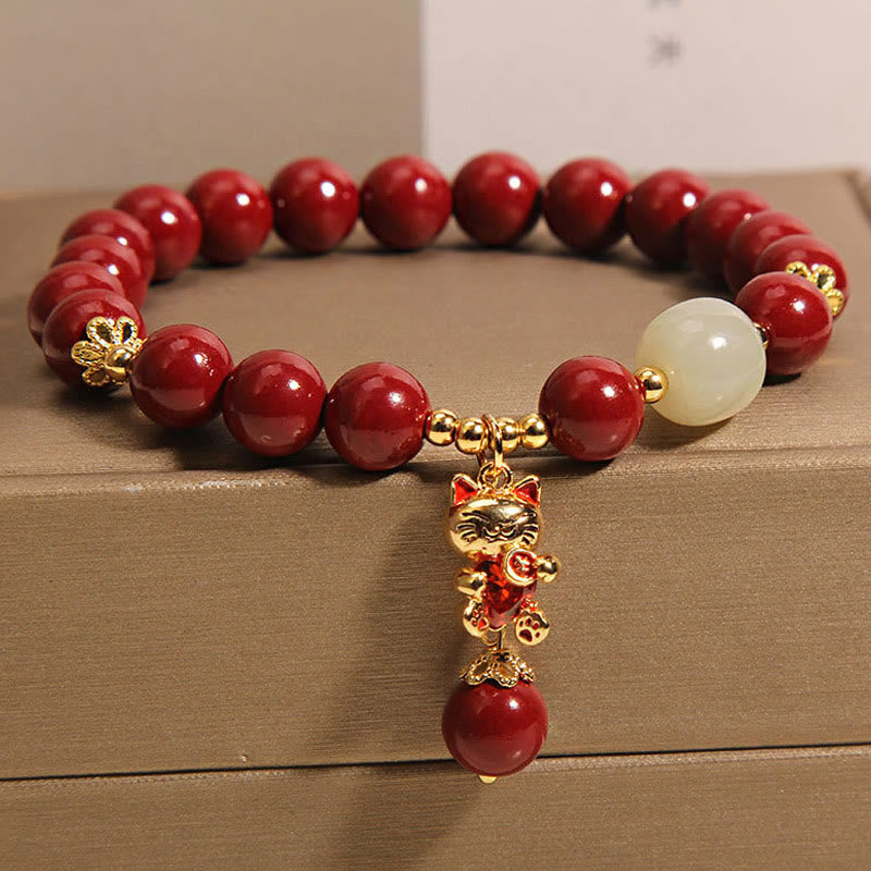 Buddha Stones Natural Lucky Cat Pendant Cinnabar Blessing Bracelet - image 3