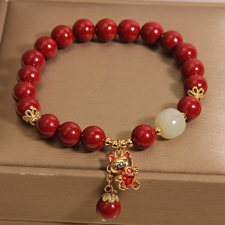 Buddha Stones Natural Lucky Cat Pendant Cinnabar Blessing Bracelet - image 4