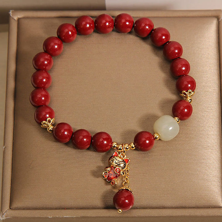 Buddha Stones Natural Lucky Cat Pendant Cinnabar Blessing Bracelet - image 8