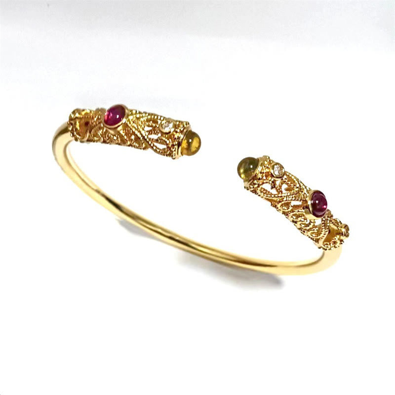 Buddha Stones Golden Flower Pattern Red Zircon Amber Copper Luck Cuff Bracelet Bangle - image 11