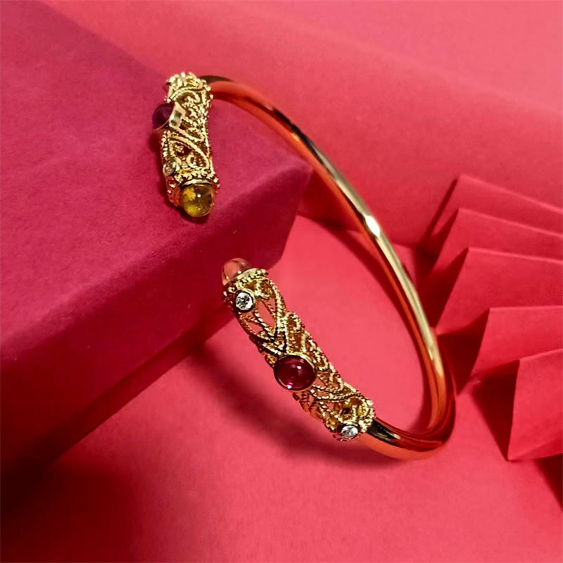 Buddha Stones Golden Flower Pattern Red Zircon Amber Copper Luck Cuff Bracelet Bangle - image 8