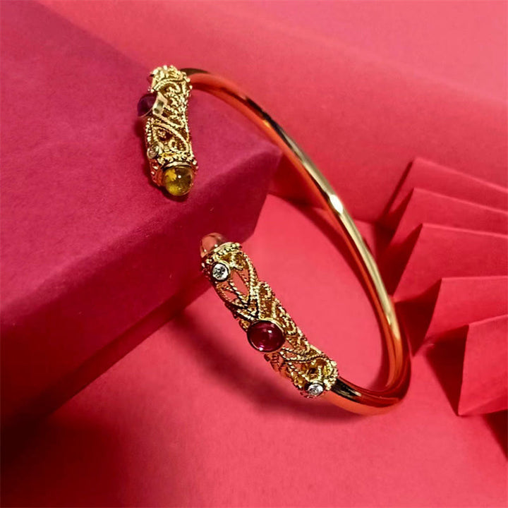 Buddha Stones Golden Flower Pattern Red Zircon Amber Copper Luck Cuff Bracelet Bangle - image 8