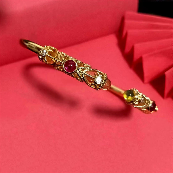 Buddha Stones Golden Flower Pattern Red Zircon Amber Copper Luck Cuff Bracelet Bangle - image 9