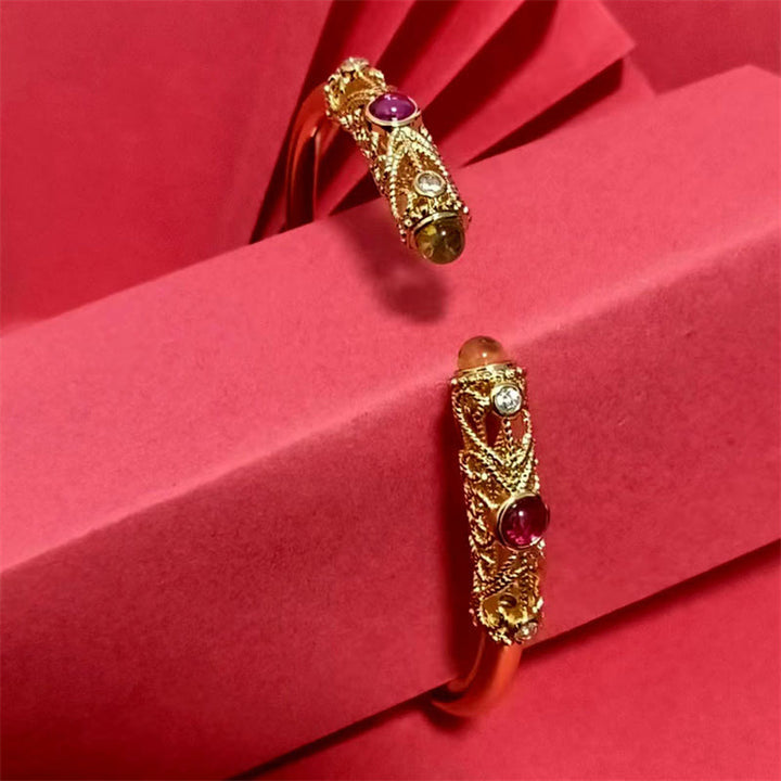 Buddha Stones Golden Flower Pattern Red Zircon Amber Copper Luck Cuff Bracelet Bangle - image 10