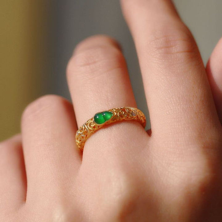 Buddha Stones Vintage Gourd Green Chalcedony Copper Alloy Wealth Ring - image 13