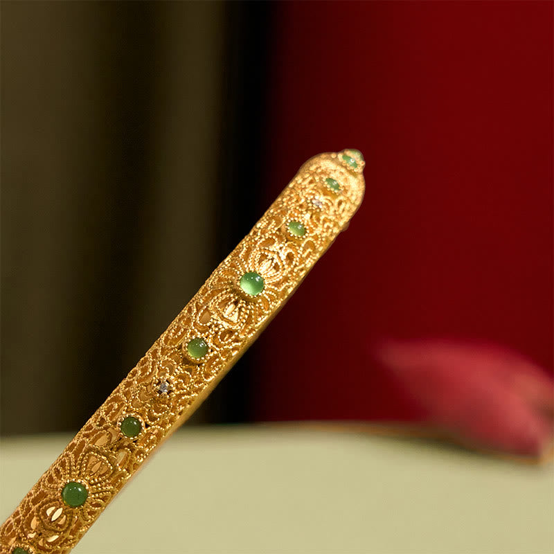 Buddha Stones Hollow Filigree Design Copper Plated Gold Wealth Bracelet Bangle - image 5