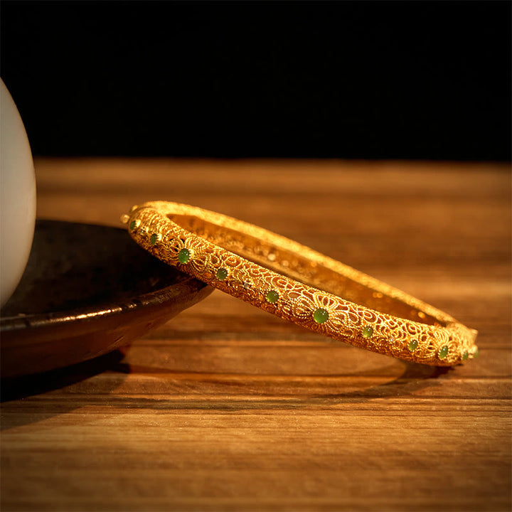 Buddha Stones Hollow Filigree Design Copper Plated Gold Wealth Bracelet Bangle - image 2