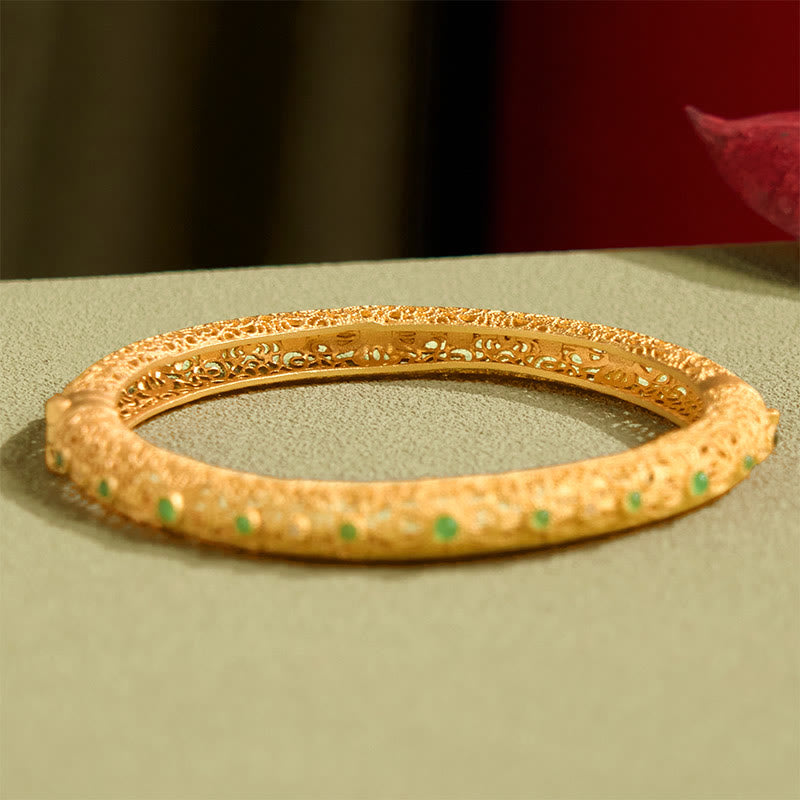Buddha Stones Hollow Filigree Design Copper Plated Gold Wealth Bracelet Bangle - image 4