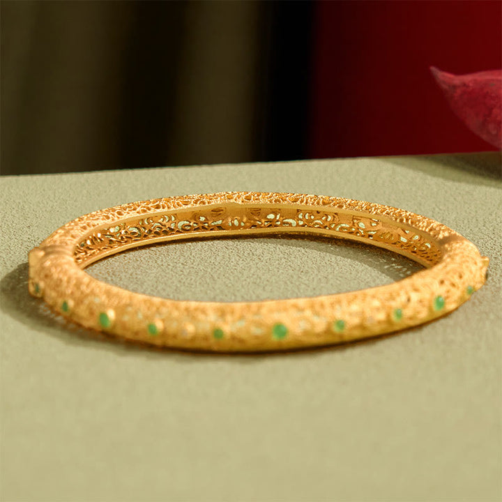 Buddha Stones Hollow Filigree Design Copper Plated Gold Wealth Bracelet Bangle - image 4