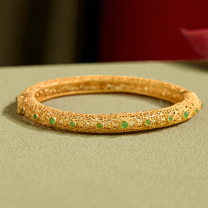 Buddha Stones Hollow Filigree Design Copper Plated Gold Wealth Bracelet Bangle - image 3