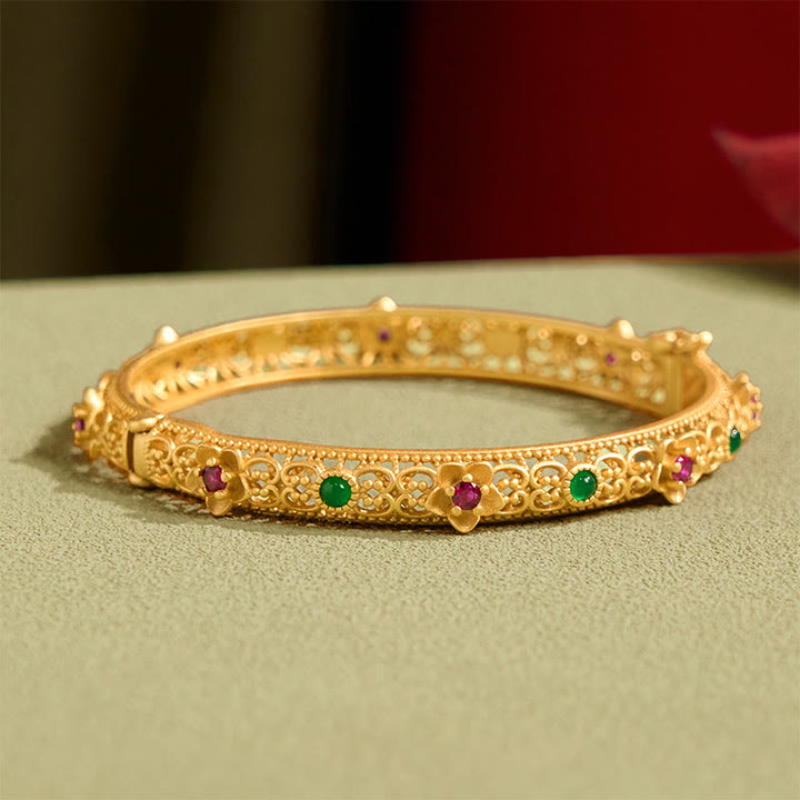 Buddha Stones Hollow Design Copper Plated Gold Flower Luck Bracelet Bangle - image 3