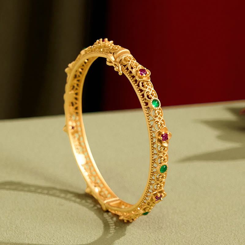 Buddha Stones Hollow Design Copper Plated Gold Flower Luck Bracelet Bangle - 62 mm - image 1