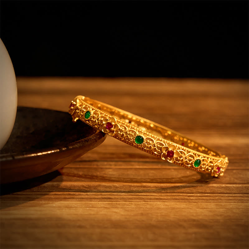 Buddha Stones Hollow Design Copper Plated Gold Flower Luck Bracelet Bangle - image 2