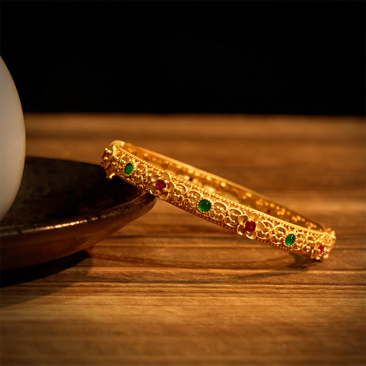 Buddha Stones Hollow Design Copper Plated Gold Flower Luck Bracelet Bangle - image 2