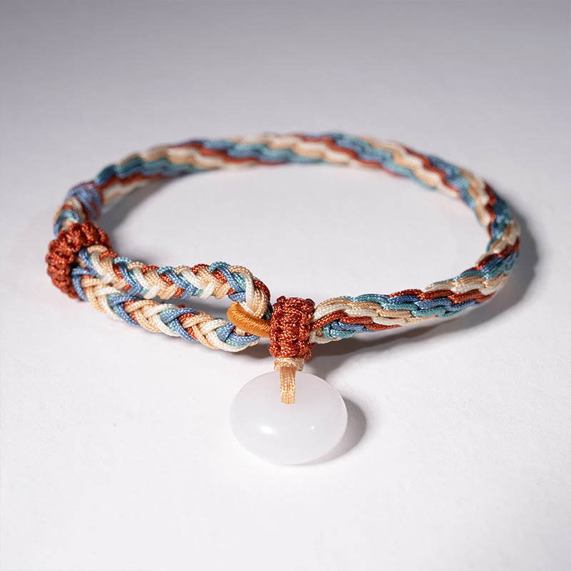Buddha Stones Natural Hetian Jade Peace Buckle Protection Colored Rope Braided Bracelet - image 2