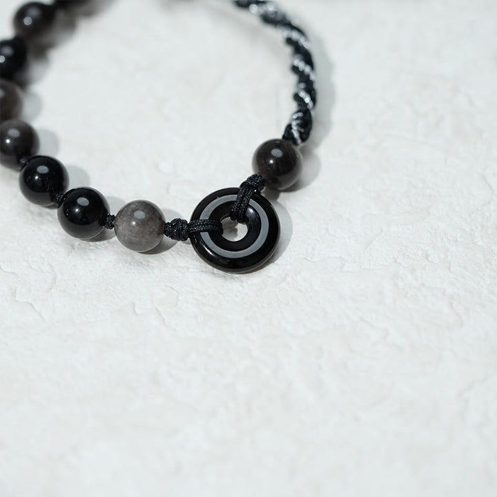 Buddha Stones Natural Black Obsidian Peace Buckle Purification Black Rope Bracelet - image 5