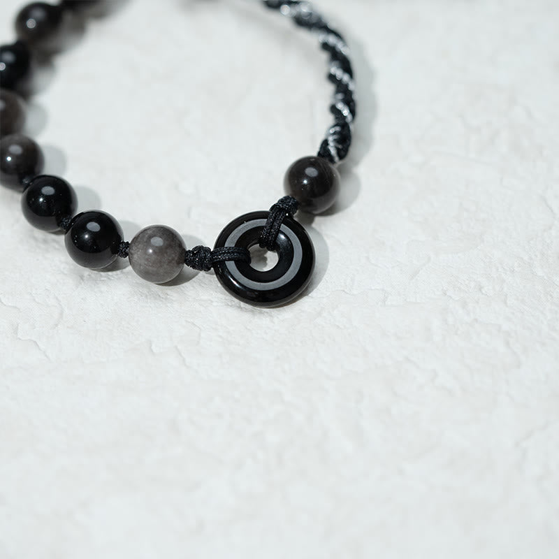 Buddha Stones Natural Black Obsidian Peace Buckle Purification Black Rope Bracelet - image 5