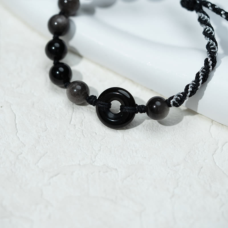 Buddha Stones Natural Black Obsidian Peace Buckle Purification Black Rope Bracelet - image 9
