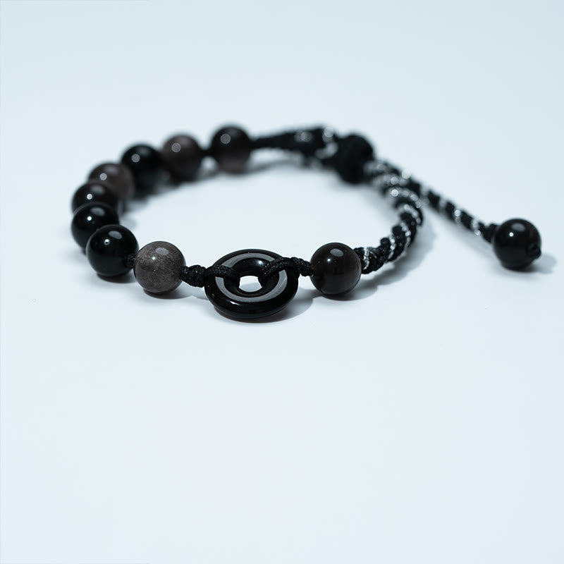 Buddha Stones Natural Black Obsidian Peace Buckle Purification Black Rope Bracelet - image 2
