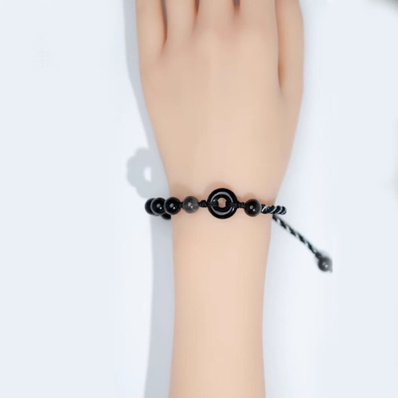 Buddha Stones Natural Black Obsidian Peace Buckle Purification Black Rope Bracelet - image 4