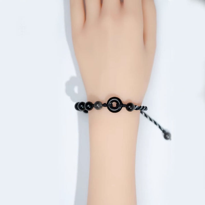 Buddha Stones Natural Black Obsidian Peace Buckle Purification Black Rope Bracelet - image 4