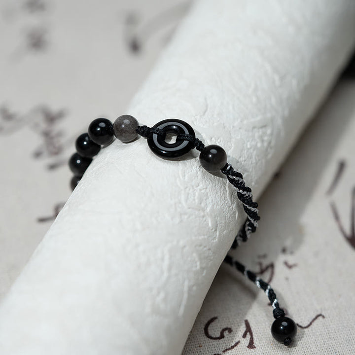 Buddha Stones Natural Black Obsidian Peace Buckle Purification Black Rope Bracelet - image 3