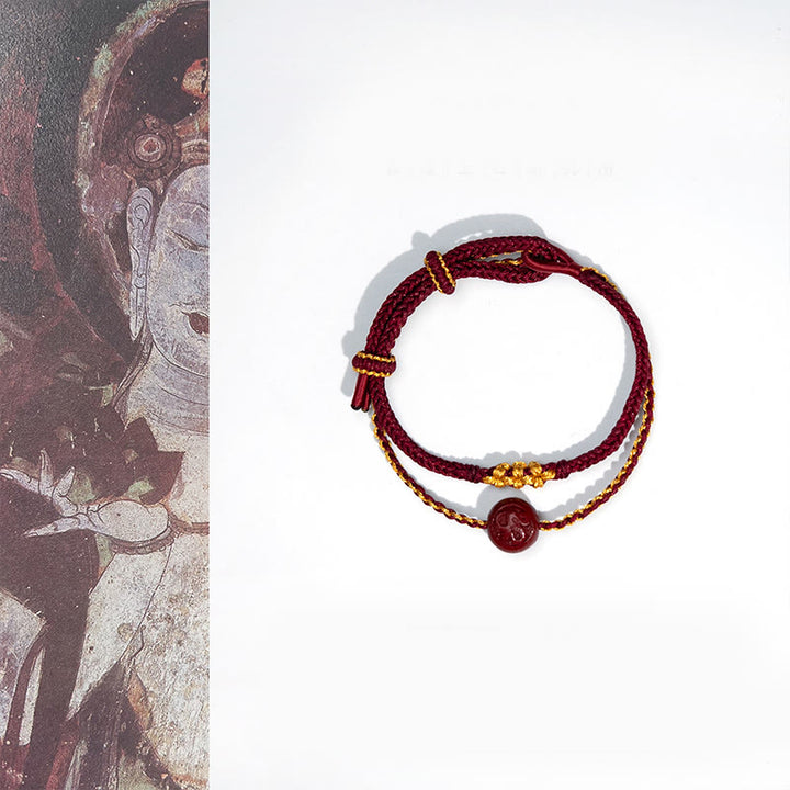 Buddha Stones Peach Blossom Knot Cinnabar Beads Eight-strand Braid Blessing Bracelet - Red Rope & Cinnabar(Wrist Circumference:15-22cm) - image 1