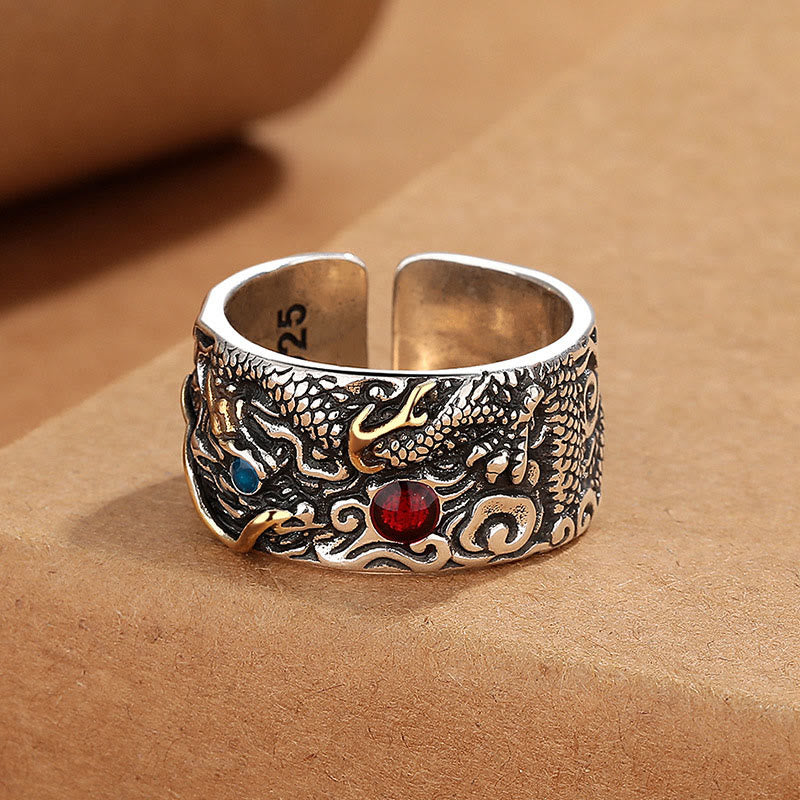 Buddha Stones Vintage Dragon Pattern Copper Plated Silver Balance Ring - image 3