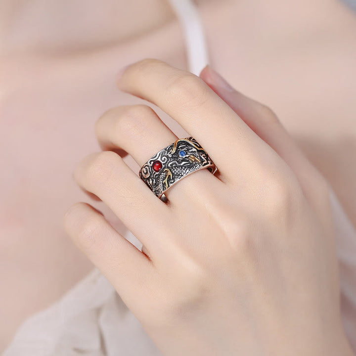 Buddha Stones Vintage Dragon Pattern Copper Plated Silver Balance Ring - image 4