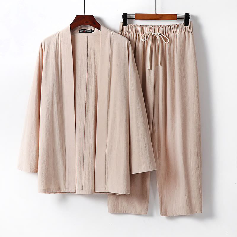 Buddha Stones 2Pcs Cotton Kimono Ankle-Length Pants Men's Meditation Cloth Set - Wheat - US/UK/AU54,EU64 (9XL) - image 10