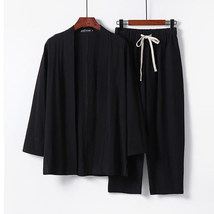 Buddha Stones 2Pcs Cotton Kimono Ankle-Length Pants Men's Meditation Cloth Set - Black - US/UK/AU54,EU64 (9XL) - image 7