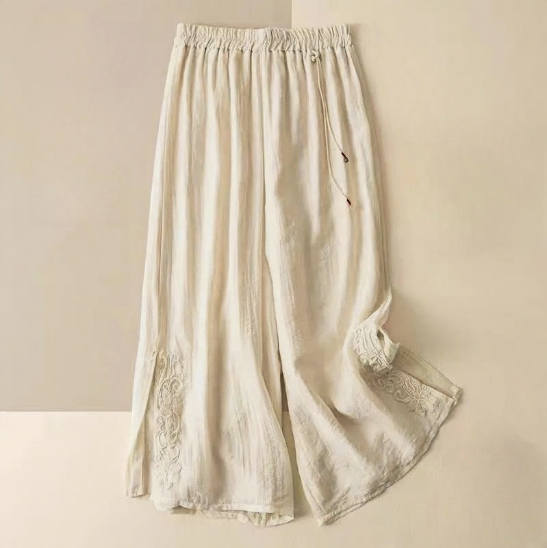 Buddha Stones Retro Casual Embroidery Design Drawstring Cotton Linen Women's Wide Leg Pants With Pockets