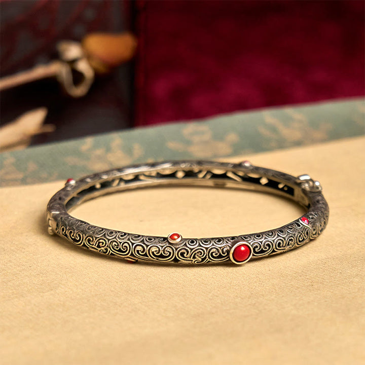 Vintage Tang Dynasty Flower Design Engraved Red Agate Copper Luck Bracelet Bangle - image 3