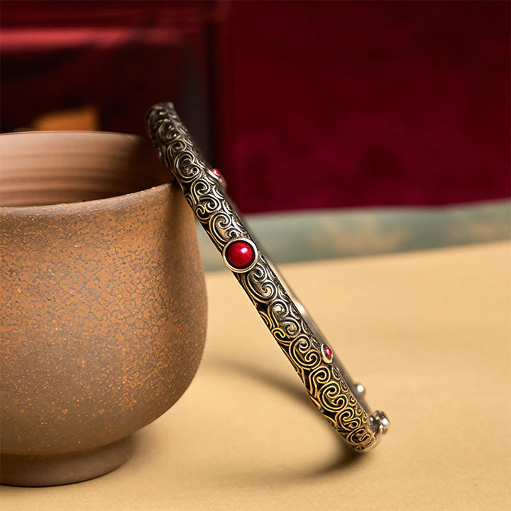 Vintage Tang Dynasty Flower Design Engraved Red Agate Copper Luck Bracelet Bangle - image 2