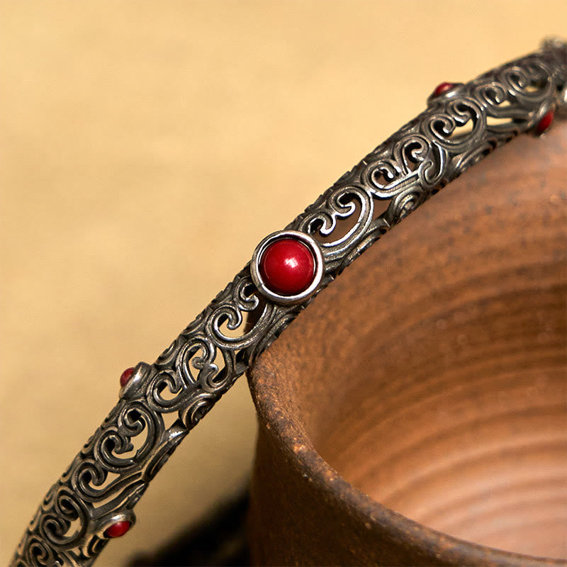 Vintage Tang Dynasty Flower Design Engraved Red Agate Copper Luck Bracelet Bangle - image 12