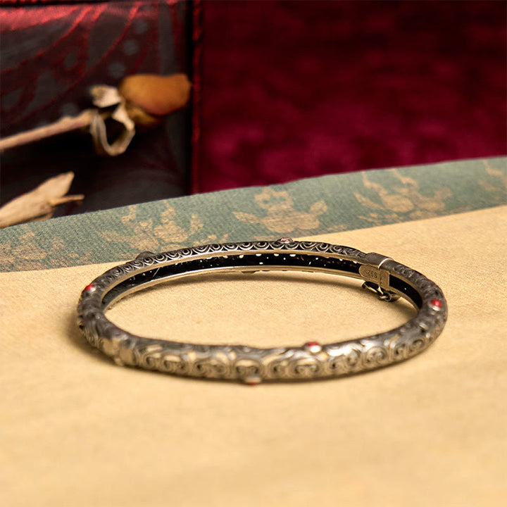 Vintage Tang Dynasty Flower Design Engraved Red Agate Copper Luck Bracelet Bangle - image 4